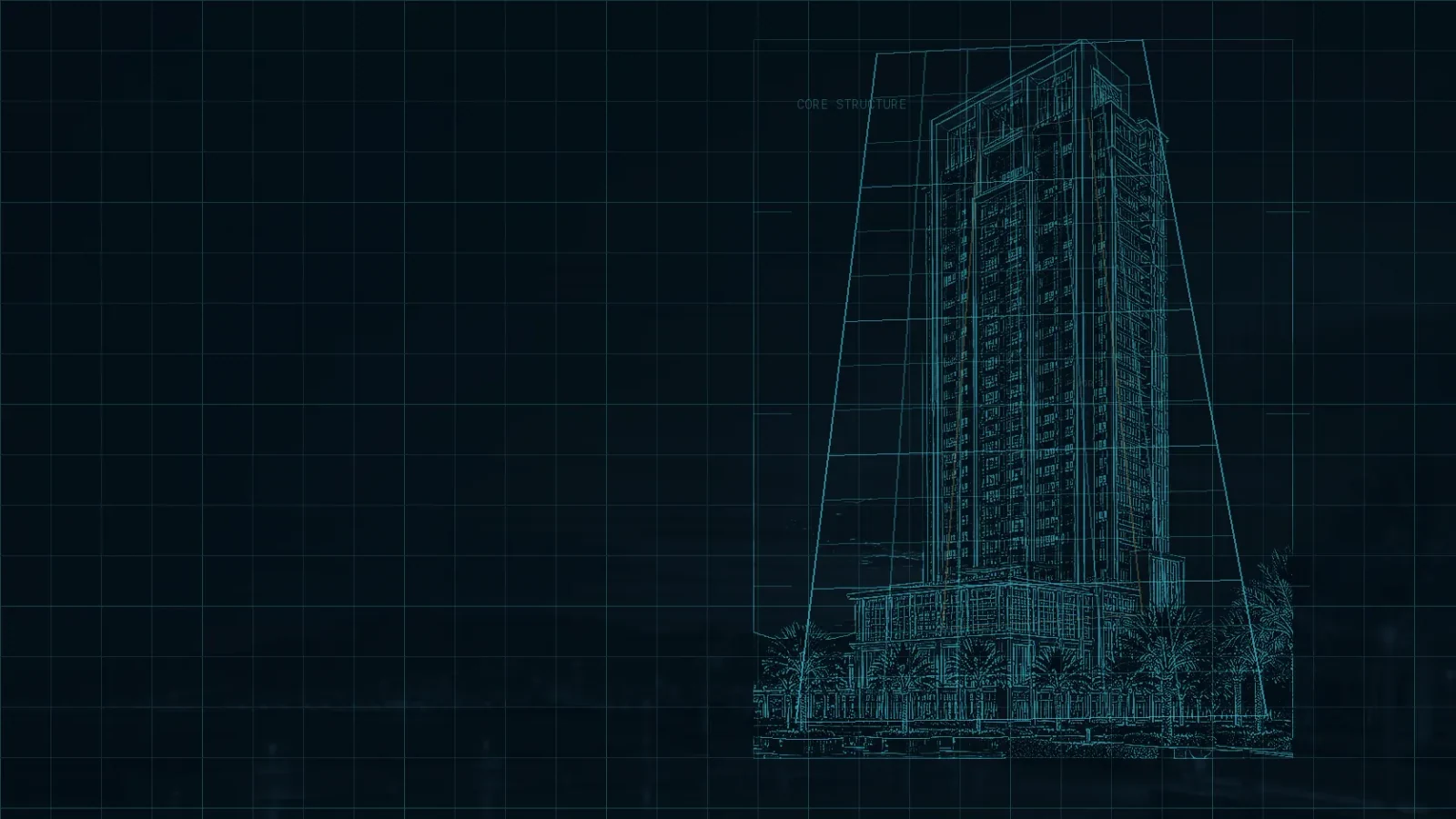Fine blue architectural outlines of the same tower on a dark grid.
