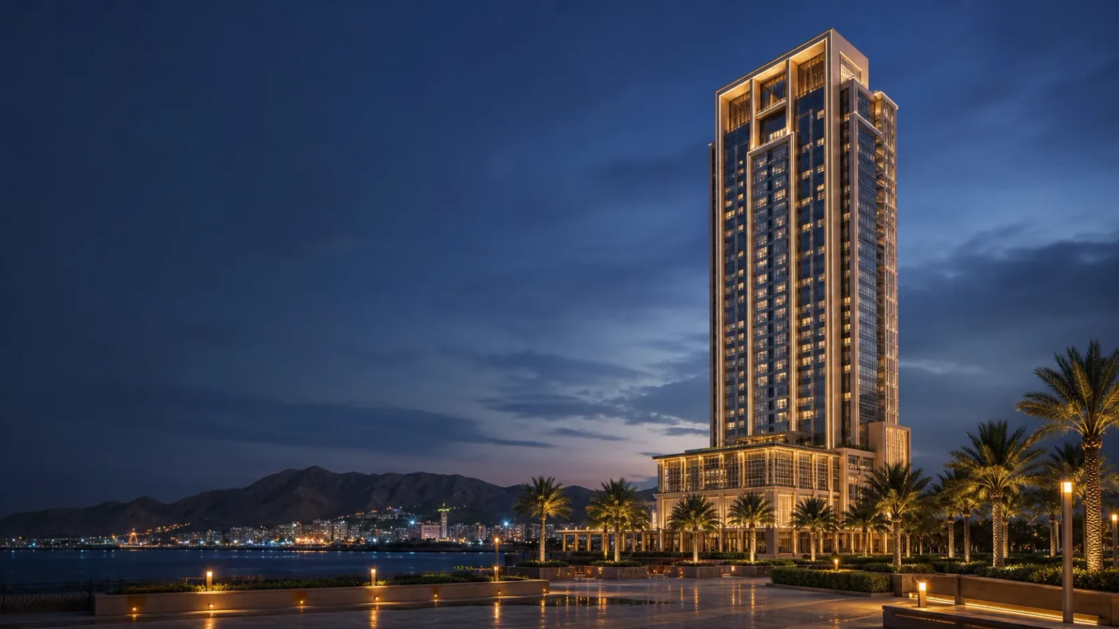 Architectural website artwork showing a warmly lit waterfront tower at dusk.