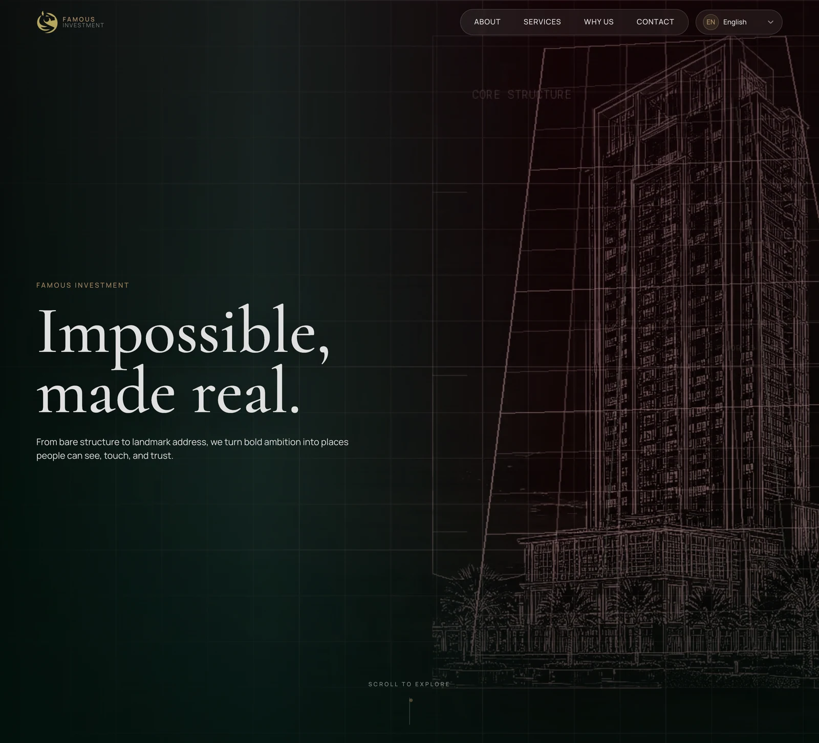 Famous Investment homepage with a large serif headline, compact navigation and architectural linework.