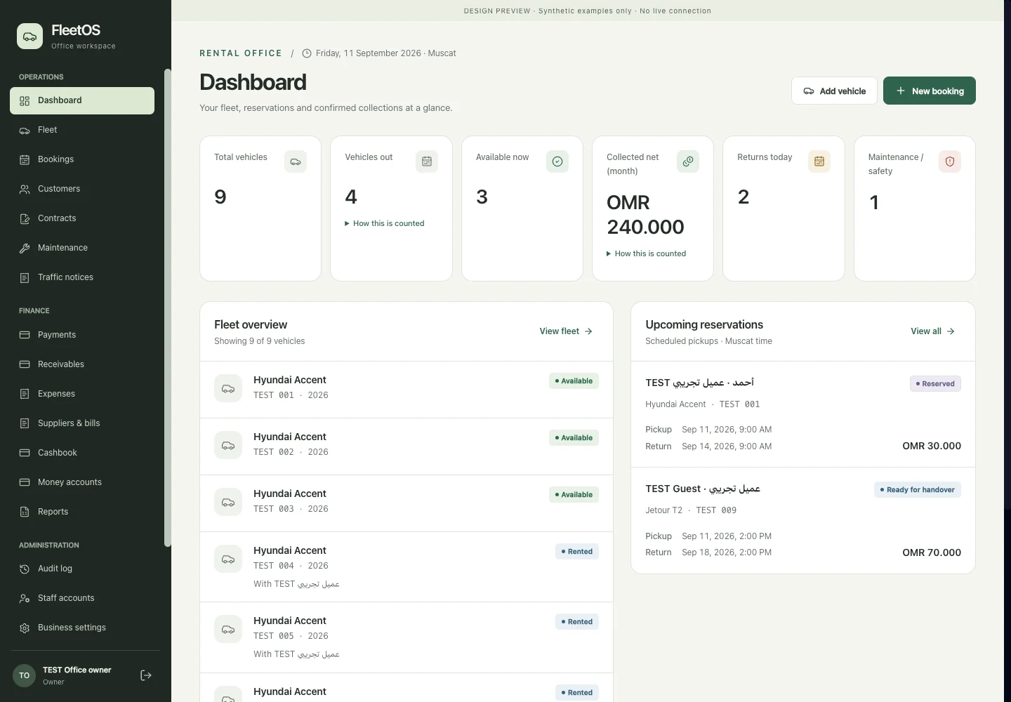 FleetOS dashboard design preview with synthetic fleet and reservation information.